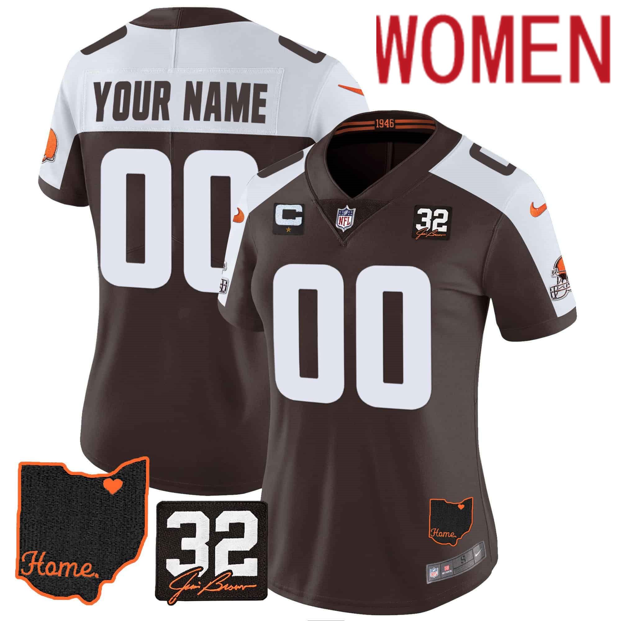 Women Cleveland Browns Brown #32 Jim Brown Memorial Home Patch Custom 2024 Nike NFL Jersey->customized nfl jersey->Custom Jersey